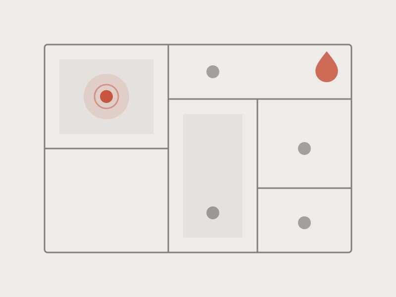 Building floor plan with sensor placements and a live alert