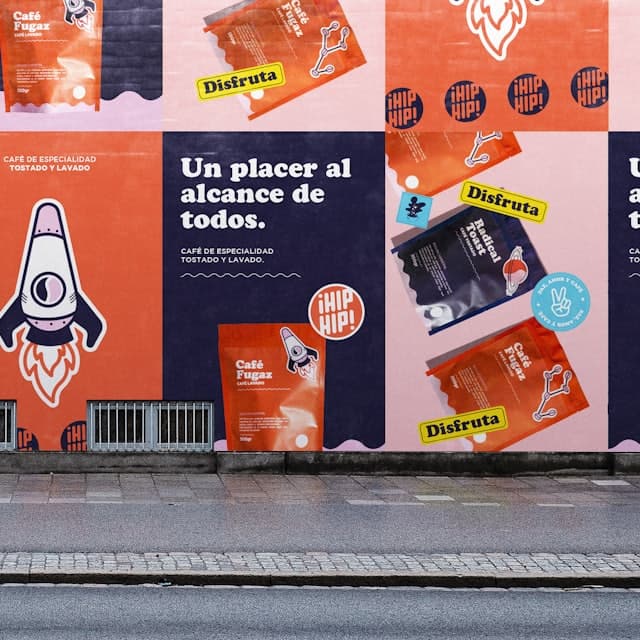 Poster campaign for a coffee brand pasted across a street wall